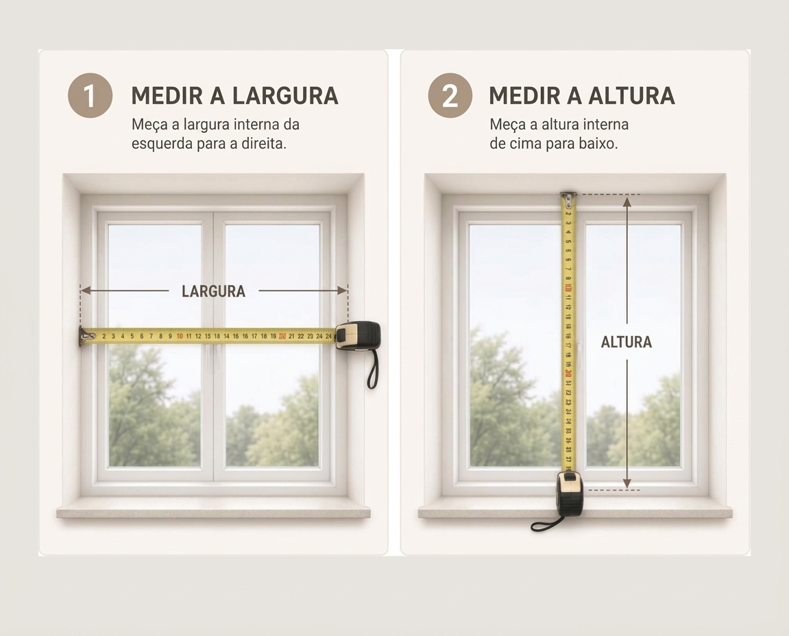 Ilustração mostrando como medir a largura e a altura da janela com trena
